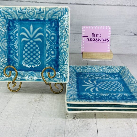 Roscher PINEAPPLE TURQUOISE Aqua Floral Crackle Design Square Salad Plates Set 4 - Picture 1 of 16